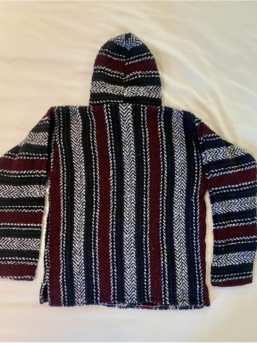 Striped Hooded Baja Pullover in Black, White & Burgundy - Picture 3 of 3